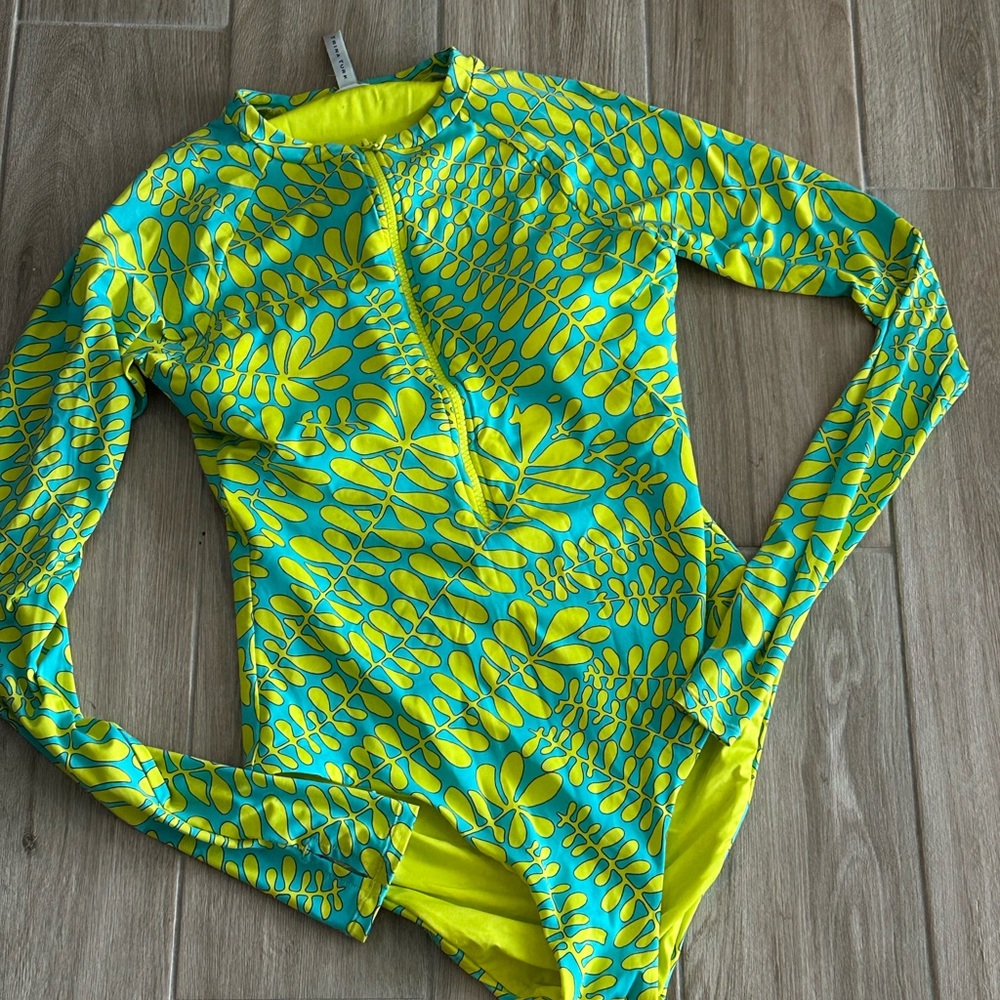 Trina Turk - Vibrant Leaf Print Long Sleeve Swimsuit retail $182